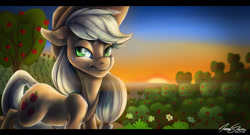 Size: 1024x555 | Tagged: safe, artist:amberswirl, applejack, earth pony, pony, floppy ears, grumpy, morning ponies, solo, sunrise, twilight (astronomy)