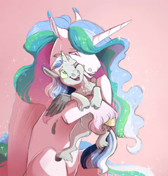 Size: 1318x1378 | Tagged: safe, artist:vindhov, princess celestia, oc, oc:cerulean, alicorn, pony, alicorn oc, colt, female, hug, male, momlestia, mother and child, mother and son, offspring, parent and child, parent:good king sombra, parent:king sombra, parent:princess celestia, parents:celestibra, pink background, simple background, unshorn fetlocks