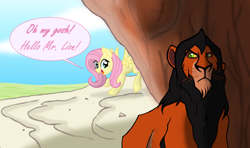 Size: 1024x605 | Tagged: safe, artist:thelastalicorn, fluttershy, pegasus, pony, african lion, crossover, cute, fanart mashup challenge, pride rock, scar (the lion king), shyabetes, the lion king, this will end in tears and/or death
