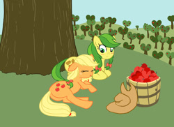 Size: 912x664 | Tagged: safe, artist:generalsnaz, apple fritter, applejack, earth pony, pony, apple, apple family member, food, sleeping