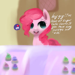 Size: 800x800 | Tagged: safe, artist:pipomanager-mimmi, pinkie pie, pony, ask, cupcake, food, smiling, solo, sugarcube corner, talking to viewer, tumblr