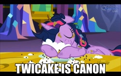 Size: 1280x810 | Tagged: safe, derpibooru import, screencap, twilight sparkle, twilight sparkle (alicorn), alicorn, pony, castle sweet castle, cargo ship, chocolate chips, cute, eyes closed, female, floppy ears, food, hug, i'm pancake, image macro, mare, meme, messy mane, pancakes, shipping, sleeping, smiling, snuggling, solo, whipped cream