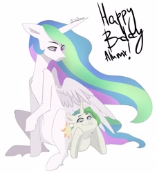 Size: 2304x2532 | Tagged: safe, artist:chibadeer, princess celestia, oc, oc:alumx, alicorn, pony, unicorn, birthday, gift art, happy birthday, looking at each other, lying down, simple background, sitting, spread wings, white background, wings
