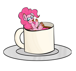 Size: 2118x1984 | Tagged: safe, artist:skyflys, pinkie pie, pony, coffee, coffee mug, colored pupils, cute, looking at you, mug, pinkie found the coffee, simple background, solo, tiny ponies, transparent background