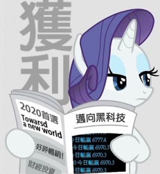 Size: 500x541 | Tagged: safe, rarity, pony, unicorn, broken english, chinese, misspelling, newspaper, solo