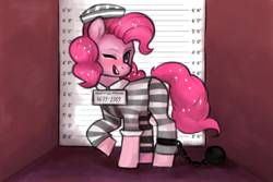 Size: 1200x800 | Tagged: safe, artist:katya-na-krovati, pinkie pie, earth pony, pony, ball and chain, clothes, mugshot, one eye closed, prison outfit, prison stripes, prisoner pp, solo, wink