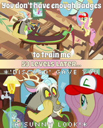 Size: 1250x1548 | Tagged: safe, edit, edited screencap, screencap, discord, fluttershy, draconequus, pegasus, pony, discordant harmony, keep calm and flutter on, duo, female, hat, image macro, male, mare, meme, pokémon, screencap comic, ultra ball