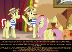 Size: 1280x934 | Tagged: safe, screencap, applejack, flam, flim, fluttershy, earth pony, pegasus, pony, viva las pegasus, explore equestria, flim flam brothers, psyga's alternate pony scenes