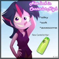 Size: 900x900 | Tagged: safe, artist:fj-c, derpibooru import, twilight sparkle, twilight sparkle (alicorn), alicorn, castle sweet castle, equestria girls, alternate hairstyle, armpits, punklight sparkle, scene parody, solo, that was fast