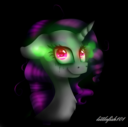 Size: 1081x1072 | Tagged: safe, artist:littlefish101, part of a set, rarity, pony, unicorn, black background, bust, chest fluff, crying, female, floppy ears, insanity, looking at you, mare, messy mane, red eyes, simple background, smiling, solo, sombra eyes