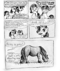 Size: 1472x1749 | Tagged: safe, artist:khaomortadios, derpibooru import, rarity, twilight sparkle, pony, unicorn, comic, grazing, horses doing horse things, monochrome, newbie artist training grounds, traditional art, wat