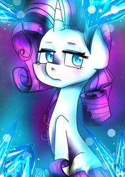 Size: 2059x2912 | Tagged: safe, artist:littlefish101, rarity, pony, unicorn, abstract background, crystal, cutie mark, female, frown, glowing horn, horn, lidded eyes, mare, mouse drawing, sitting, solo