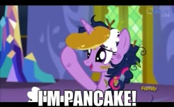 Size: 459x283 | Tagged: safe, derpibooru import, screencap, twilight sparkle, twilight sparkle (alicorn), alicorn, pony, castle sweet castle, discovery family logo, female, food, horn impalement, i'm pancake, image macro, mare, meme, pancakes, solo