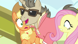 Size: 1920x1080 | Tagged: safe, screencap, applejack, fluttershy, steeplechase, earth pony, pegasus, pony, viva las pegasus, popped collar