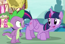 Size: 623x422 | Tagged: safe, derpibooru import, screencap, spike, twilight sparkle, twilight sparkle (alicorn), alicorn, dragon, pony, castle sweet castle, eyes on the prize, female, mare, out of context, plot