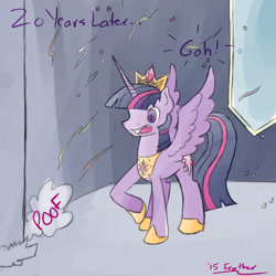 Size: 894x894 | Tagged: safe, artist:feather, derpibooru import, twilight sparkle, twilight sparkle (alicorn), alicorn, pony, castle sweet castle, confetti, female, hidden confetti cannon, mare, scene parody, solo