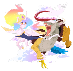 Size: 1270x1232 | Tagged: safe, artist:rossignolet, discord, princess celestia, alicorn, draconequus, pony, chest fluff, cloud, collar, colored wings, colored wingtips, ear fluff, ethereal mane, flowing mane, flying, friendship, jewelry, laughing, neck fluff, necklace, open mouth, regalia, sparkles, surprised, wingding eyes