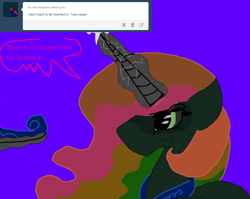 Size: 1074x854 | Tagged: safe, artist:eeveeglaceon, princess celestia, alicorn, pony, ask, blue background, color change, crown, darkened coat, female, glowing horn, green eye, implied inversion, indigo background, inversion spell, invert princess celestia, inverted, inverted colors, inverted princess celestia, jewelry, purple background, rainbow hair, regalia, sidemouth, simple background, solo, tiara, tumblr, tumblr:the sun has inverted, violet background, word balloon, word bubble
