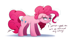 Size: 2000x1145 | Tagged: safe, artist:ncmares, pinkie pie, earth pony, pony, atg 2017, cheek fluff, chest fluff, dialogue, ear fluff, female, floppy ears, frown, glare, looking at you, mare, newbie artist training grounds, sarcasm, simple background, solo, standing, unamused, white background