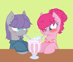 Size: 914x774 | Tagged: safe, artist:jaysey, artist:joey darkmeat, maud pie, pinkie pie, earth pony, pony, alternate hairstyle, base used, blushing, clothes, female, jewelry, mare, milkshake, necklace, sharing a drink, silly