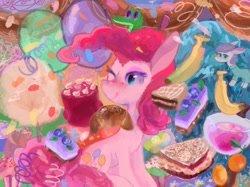 Size: 1280x958 | Tagged: safe, artist:twico, gummy, maud pie, pinkie pie, earth pony, pony, abstract background, balloon, cake, food, one eye closed, smiling, solo focus, tongue out, wink