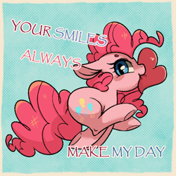 Size: 800x800 | Tagged: safe, artist:phyllismi, pinkie pie, earth pony, pony, blushing, heart, mouth hold, running, solo, valentine's day card