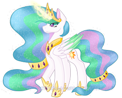 Size: 5000x4000 | Tagged: safe, artist:ghostlykittycat, princess celestia, alicorn, pony, alternate cutie mark, colored wings, cutie mark, ethereal mane, female, glowing horn, hair tie, jewelry, mare, raised hoof, redesign, regalia, sidemouth, simple background, solo, starry mane, transparent background