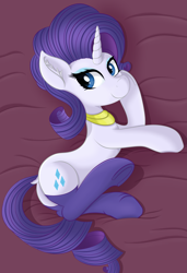 Size: 3031x4420 | Tagged: safe, artist:sethisto, rarity, pony, unicorn, bed, clothes, dock, female, jewelry, mare, on side, smiling, socks, solo