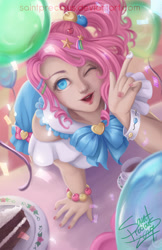 Size: 792x1224 | Tagged: safe, artist:saintprecious, pinkie pie, human, balloon, cake, clothes, cup, food, humanized, looking at you, nail polish, one eye closed, smiling, solo, teacup, wink