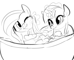 Size: 601x485 | Tagged: safe, artist:dotkwa, derpibooru import, fluttershy, twilight sparkle, twilight sparkle (alicorn), alicorn, pegasus, pony, castle sweet castle, bath, bathtub, female, mare, monochrome, water, wet, wet mane