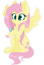 Size: 2048x3000 | Tagged: safe, artist:cinnamontee, fluttershy, butterfly, pegasus, pony, chest fluff, cute, high res, holding, looking at something, raised hoof, shyabetes, simple background, sitting, smiling, solo, spread wings, transparent background, wings