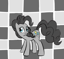 Size: 808x745 | Tagged: safe, artist:itsthinking, pinkie pie, earth pony, pony, abstract background, checkerboard, female, grayscale, grin, limited palette, mare, monochrome, partial color, smiling, solo