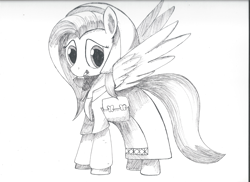 Size: 3507x2550 | Tagged: safe, artist:taurson, fluttershy, pegasus, pony, clothes, inktober, monochrome, mouth hold, solo, traditional art