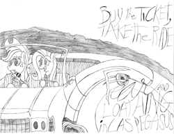 Size: 6600x5100 | Tagged: safe, artist:algernon97, applejack, fluttershy, earth pony, pegasus, pony, absurd resolution, fear and loathing in las vegas, monochrome, movie poster, parody, text, traditional art