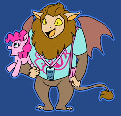 Size: 1280x1228 | Tagged: safe, artist:/d/non, pinkie pie, scorpan, earth pony, gargoyle, pony, 30 minute art challenge, brony, clothes, cute, diapinkes, diascorpes, female, happy, lanyard, male, plushie, shirt, solo