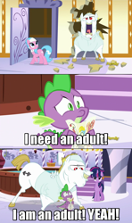 Size: 960x1625 | Tagged: safe, derpibooru import, screencap, aloe, bulk biceps, spike, twilight sparkle, twilight sparkle (alicorn), alicorn, dragon, pony, castle sweet castle, female, i am an adult, i need an adult, image macro, mare, meme