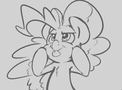 Size: 896x666 | Tagged: safe, artist:leadhooves, pinkie pie, pony, bipedal, chest fluff, female, grayscale, looking up, mare, monochrome, raspberry, smiling, solo, squishy cheeks, tongue out