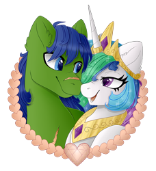 Size: 3094x3388 | Tagged: safe, artist:sk-ree, princess celestia, oc, oc:rally flag, alicorn, pegasus, pony, canon x oc, female, hearts and hooves day, horn jewelry, horn ring, jewelry, male, rallylestia, ring, shipping, straight, wedding ring