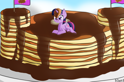 Size: 3600x2400 | Tagged: safe, artist:10art1, derpibooru import, twilight sparkle, twilight sparkle (alicorn), alicorn, pony, castle sweet castle, chest fluff, featured on derpibooru, female, horn impalement, i'm pancake, mare, pancakes, prone, smiling, solo, syrup, twihop