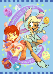 Size: 900x1251 | Tagged: safe, artist:b-tobio, artist:yinyanghand, apple bloom, applejack, scootaloo, earth pony, pony, semi-anthro, collaboration, bipedal, bloom butt, bunny costume, butt bump, butt to butt, butt touch, clothes, cutie mark, easter, easter egg, leotard, one eye closed, open mouth, scootachicken, the cmc's cutie marks, wink