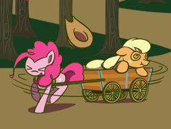 Size: 1280x960 | Tagged: safe, artist:flutterluv, applejack, pinkie pie, earth pony, pony, atg 2016, cart, duo, newbie artist training grounds, spinning