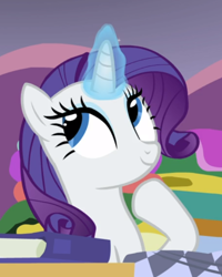 Size: 592x739 | Tagged: safe, screencap, rarity, pony, unicorn, forever filly, cropped, cute, female, glowing horn, horn, mare, raised hoof, raribetes, smiling, solo, thinking