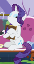 Size: 442x837 | Tagged: safe, screencap, rarity, pony, unicorn, forever filly, animation error, cropped, cute, eyes closed, female, happy, holding, mare, picture frame, raribetes, sitting, solo