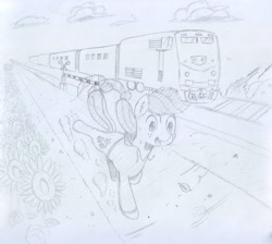 Size: 3684x3298 | Tagged: safe, artist:periodicbrony, applejack, earth pony, pony, clothes, cloud, flower, ge genesis, hatless, hoodie, leaf, locomotive, missing accessory, newbie artist training grounds, railroad, railroad crossing, running, solo, traditional art, train