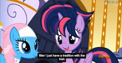 Size: 1600x830 | Tagged: safe, derpibooru import, screencap, lotus blossom, twilight sparkle, twilight sparkle (alicorn), alicorn, pony, castle sweet castle, alternate hairstyle, cinemaquestria, female, irish, mare, meme, punklight sparkle, youtube caption