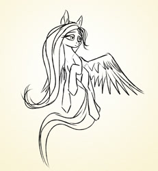 Size: 1368x1480 | Tagged: safe, artist:akweer, fluttershy, pegasus, pony, black and white, grayscale, monochrome, simple background, sketch, solo, white background