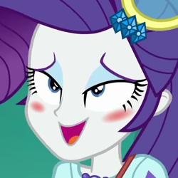 Size: 500x500 | Tagged: safe, screencap, rarity, better together, equestria girls, spring breakdown, blushing, cropped, female, lidded eyes, open mouth, smiling, solo