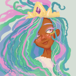 Size: 750x754 | Tagged: safe, artist:echobone, princess celestia, human, blushing, crown, dark skin, freckles, humanized, jewelry, makeup, paint tool sai, regalia, smiling, solo