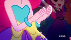 Size: 1280x720 | Tagged: safe, screencap, golden hazel, mystery mint, pinkie pie, eqg summertime shorts, equestria girls, raise this roof, breasts, clapping, clothes, discovery family logo, dress, fall formal outfits