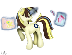 Size: 2500x1900 | Tagged: safe, artist:ilynalta, applejack, pinkie pie, oc, oc:paradox, earth pony, pony, glowing horn, levitation, magic, newbie artist training grounds, pencil, solo, telekinesis